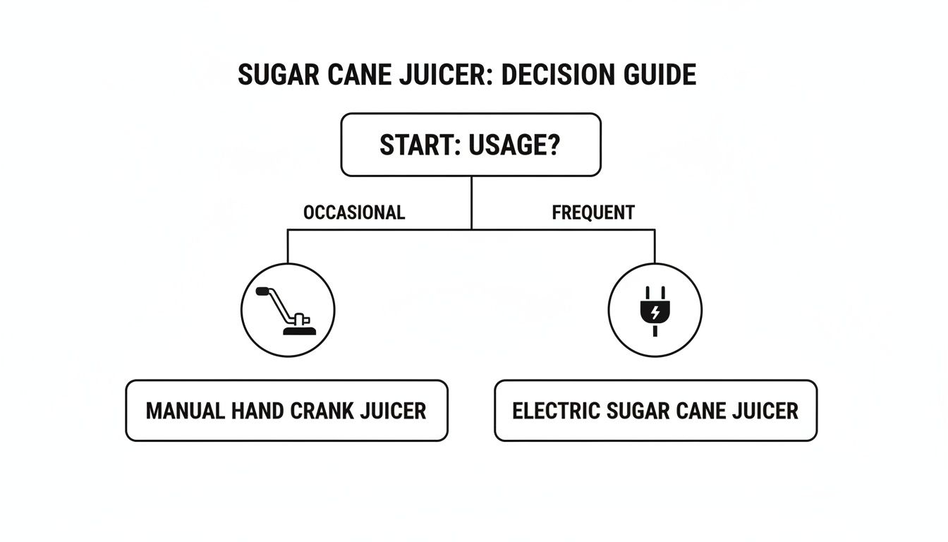 A sugar cane juicer decision guide flow chart recommending manual for occasional use and electric for frequent use.