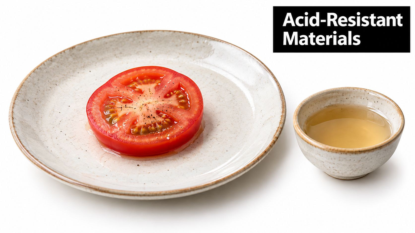 A ceramic dinner plate featuring a single slice of fresh tomato with black pepper and vinegar.
