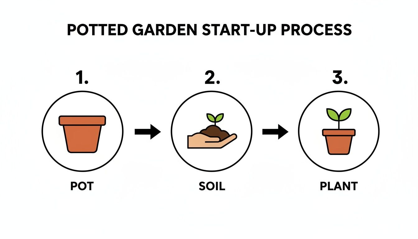 A simple three-step diagram illustrates the potted garden start-up process: pot, soil, and plant.
