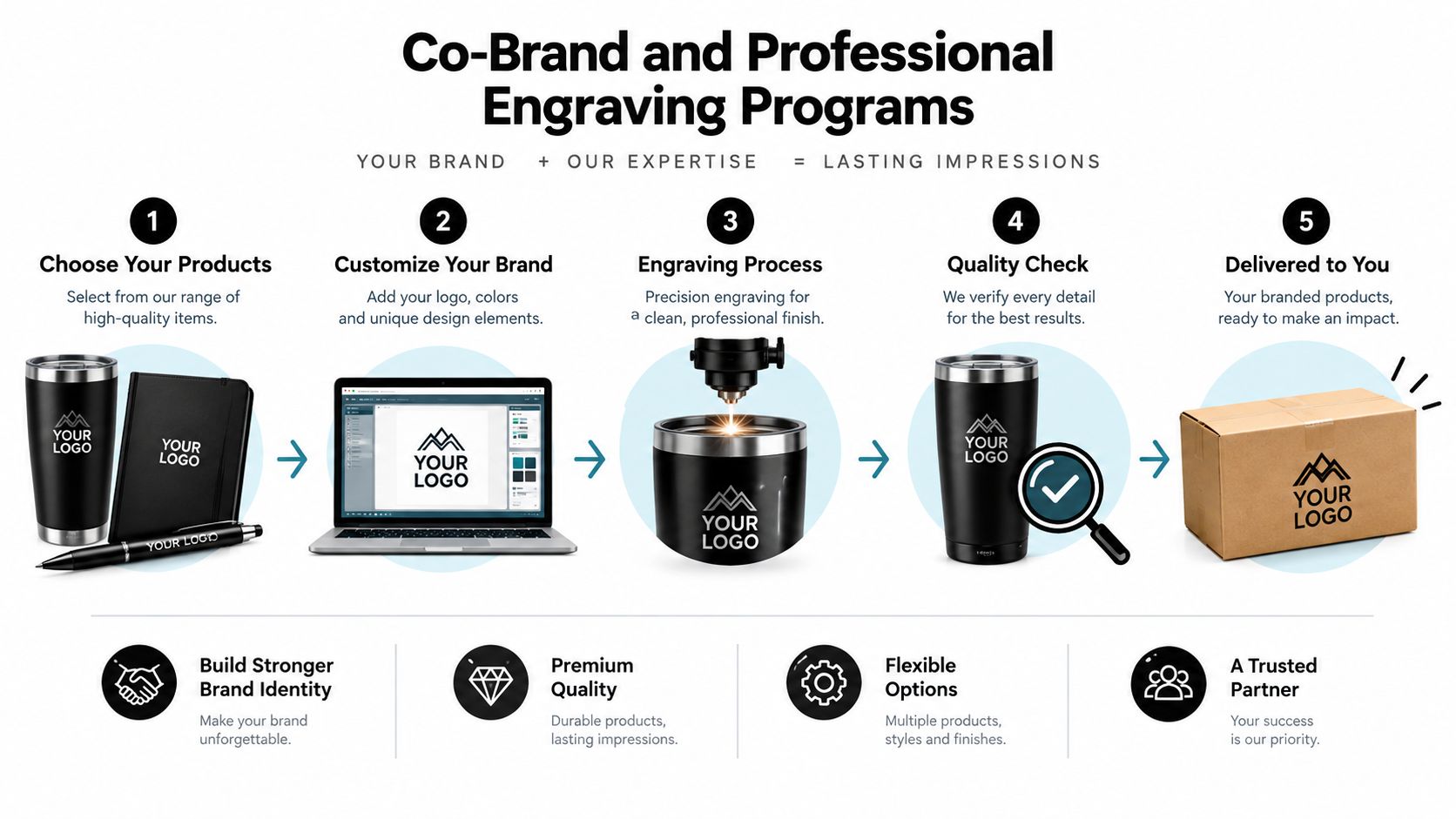 A five step infographic illustrating a professional co-brand and custom laser engraving process for corporate promotional products.