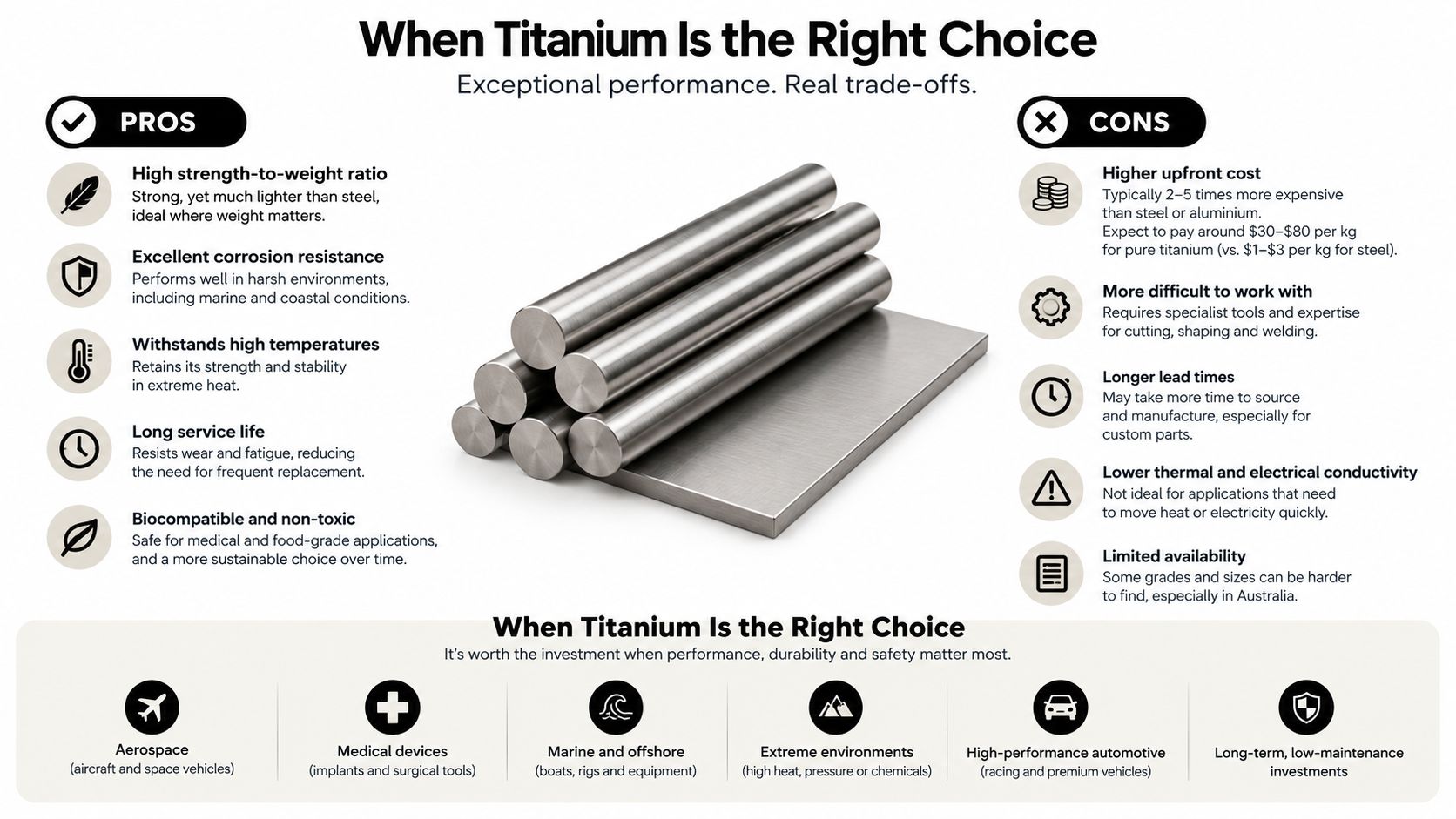 An infographic detailing the pros and cons of using titanium and its most suitable industrial applications.