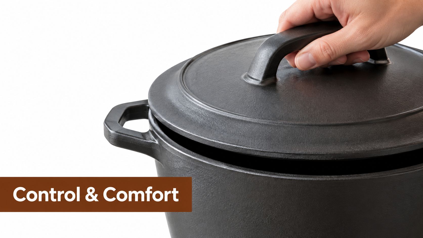 A hand lifting the lid off a heavy black cast iron Dutch oven pot.
