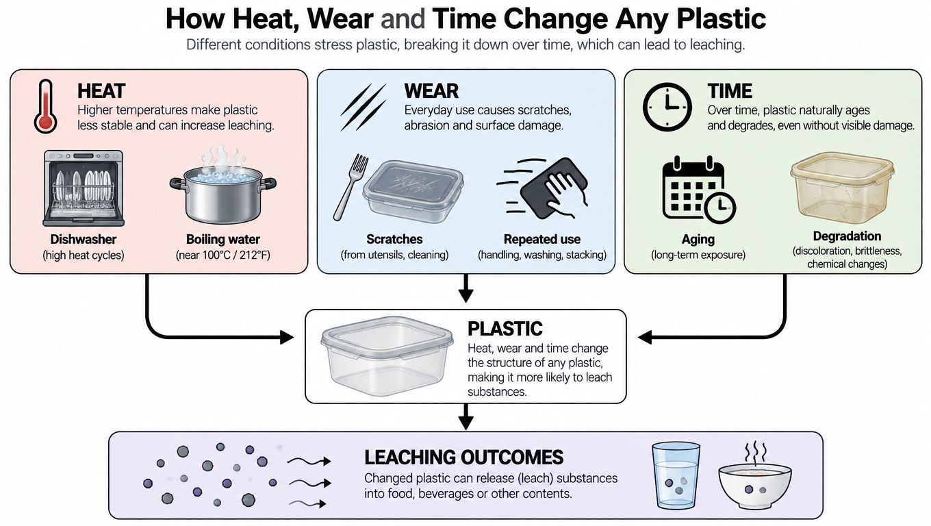 An infographic illustrating how heat, wear, and time can cause plastic containers to degrade and leach chemicals.