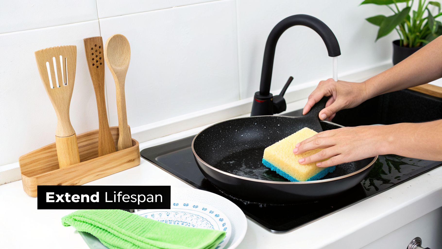 A person's hands scrub a black non-stick pan with a blue and yellow sponge in a kitchen sink.