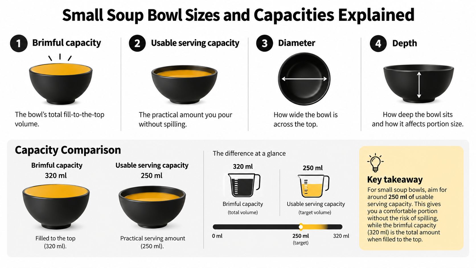 A diagram explaining brimful and usable serving capacities for small soup bowls with clear visual examples.