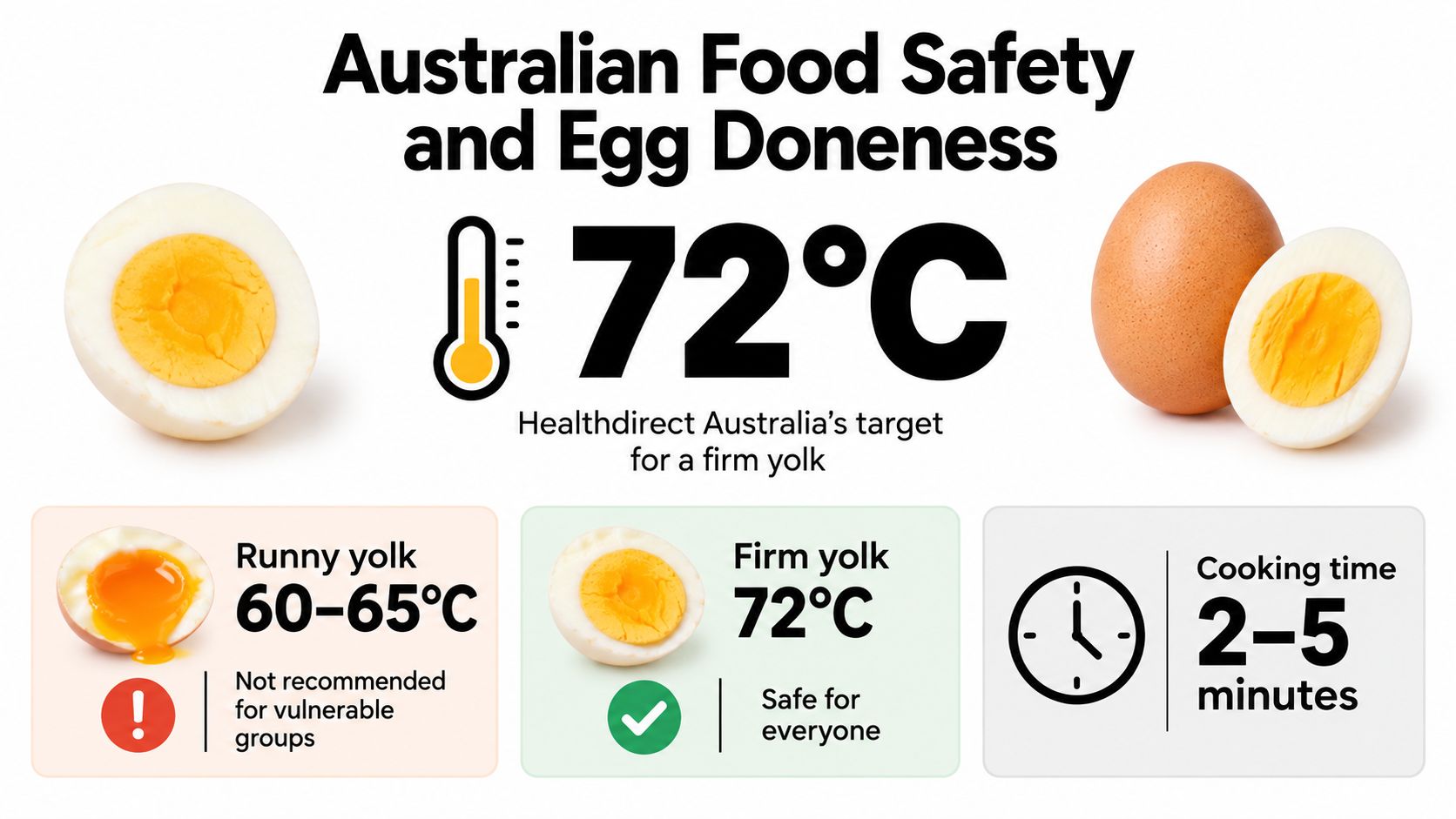 A visual guide showing egg safety, temperature requirements for runny and firm yolks, and recommended cooking times.
