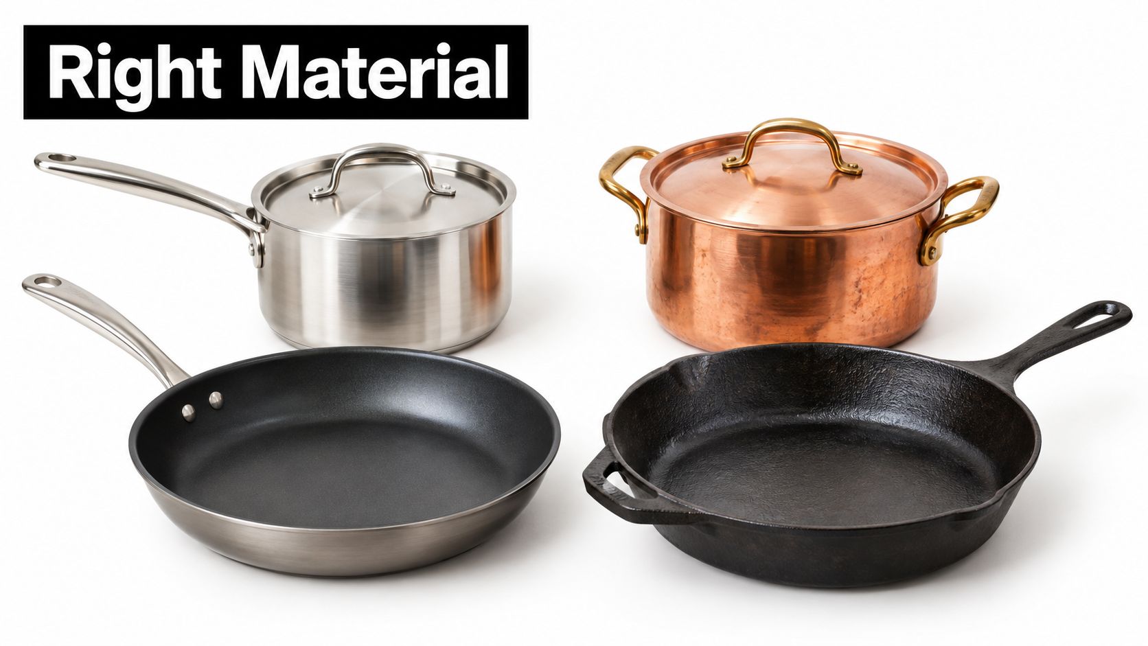 A collection of high-quality stainless steel, copper, non-stick, and cast iron cookware on a white background.