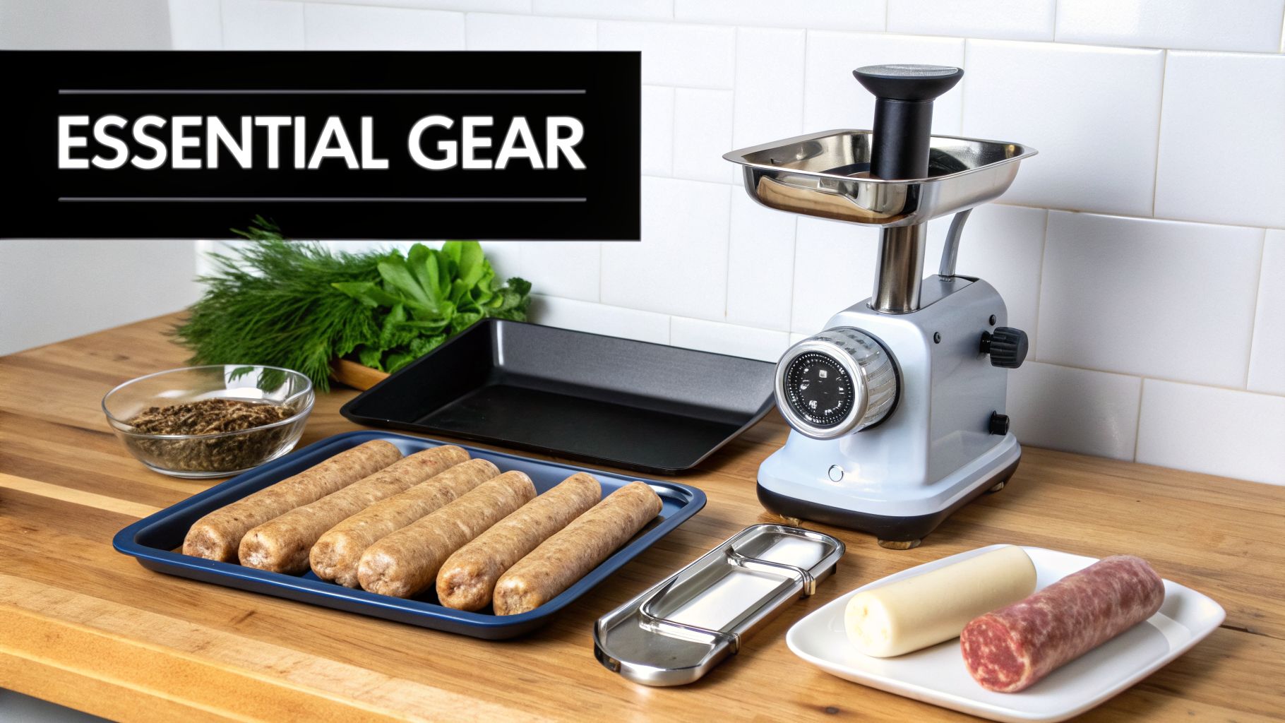 A kitchen counter displays essential gear for sausage making, including a meat grinder, raw sausages, and spices.