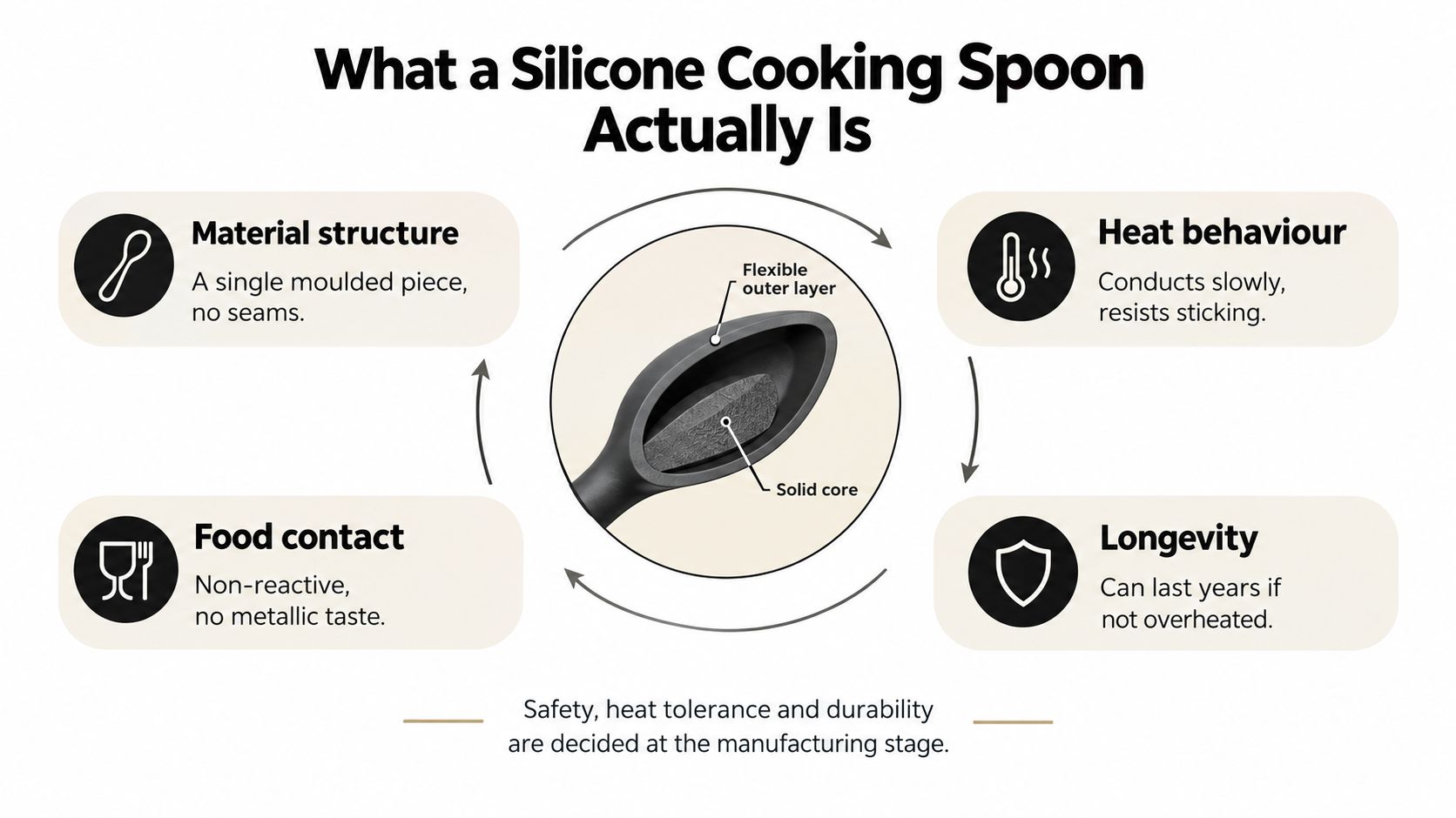 A diagram explaining the material structure, heat behaviour, food safety, and durability of a silicone cooking spoon.