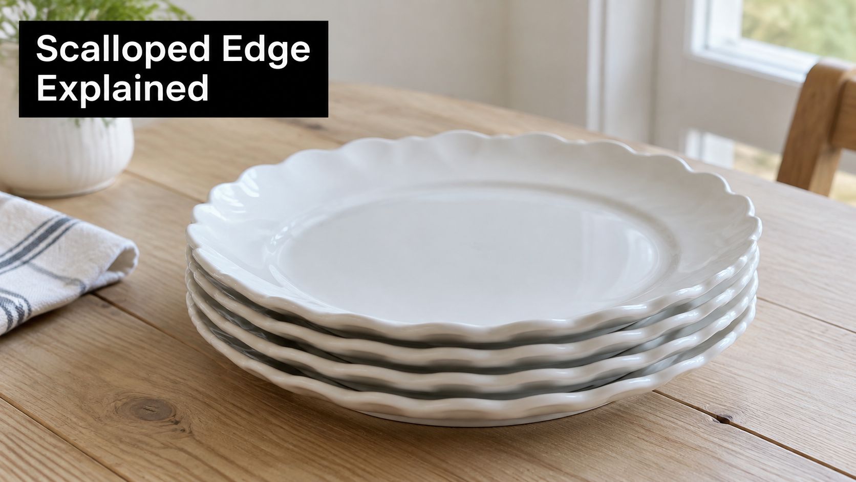 A stack of four elegant white scalloped edge dinner plates sitting on a light wooden table.