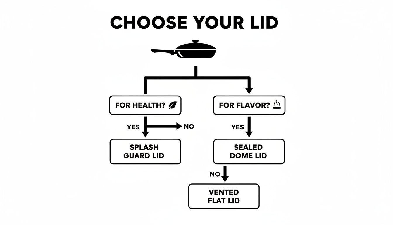 Flowchart illustrating how to choose a cooking pan lid, offering splash guard, sealed dome, or vented flat options.