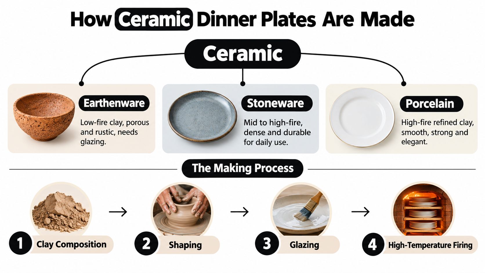An infographic detailing the types of ceramic dinner plates and the four-step production process.