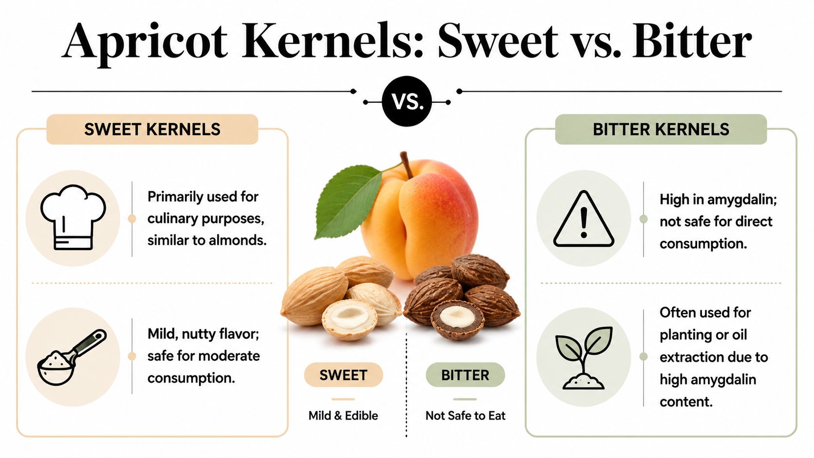 An infographic comparing sweet and bitter apricot kernels with information on safety and culinary usage.