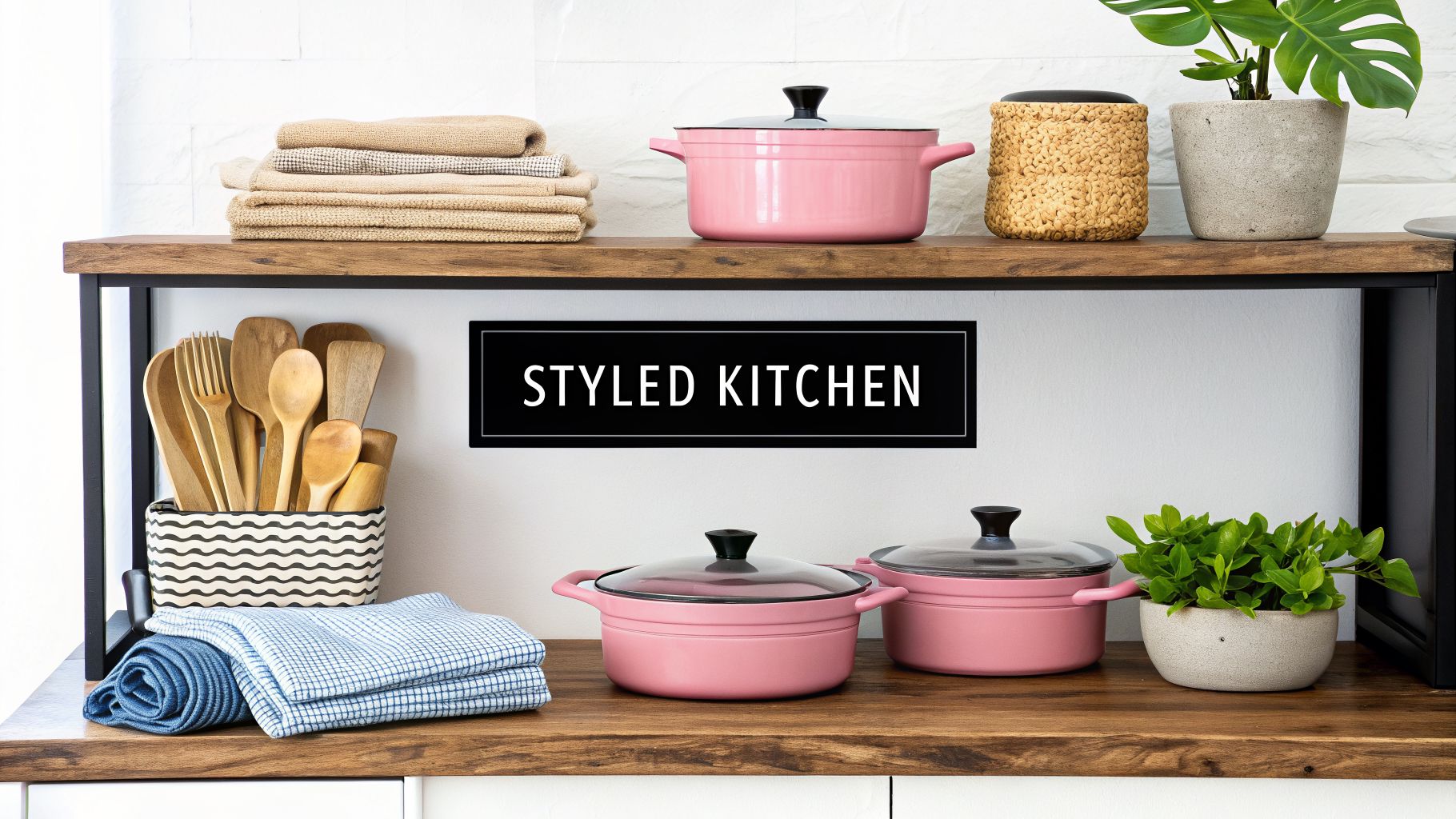 A stylish kitchen shelf with pink pots, wooden utensils, plants, and folded towels.