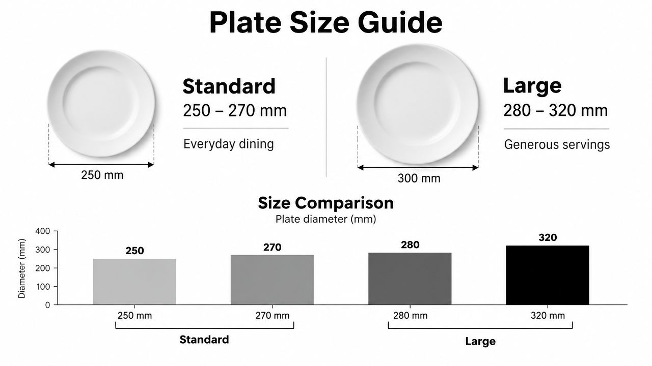 A size guide infographic comparing standard and large dinner plate diameters in millimeters.