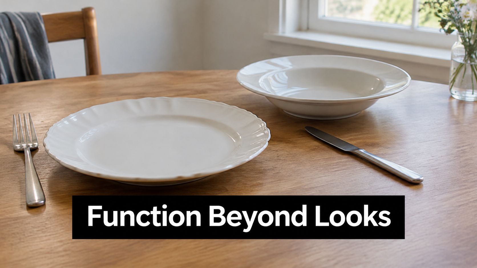 A wooden table set with a white scalloped dinner plate, a deep soup bowl, fork, and knife.