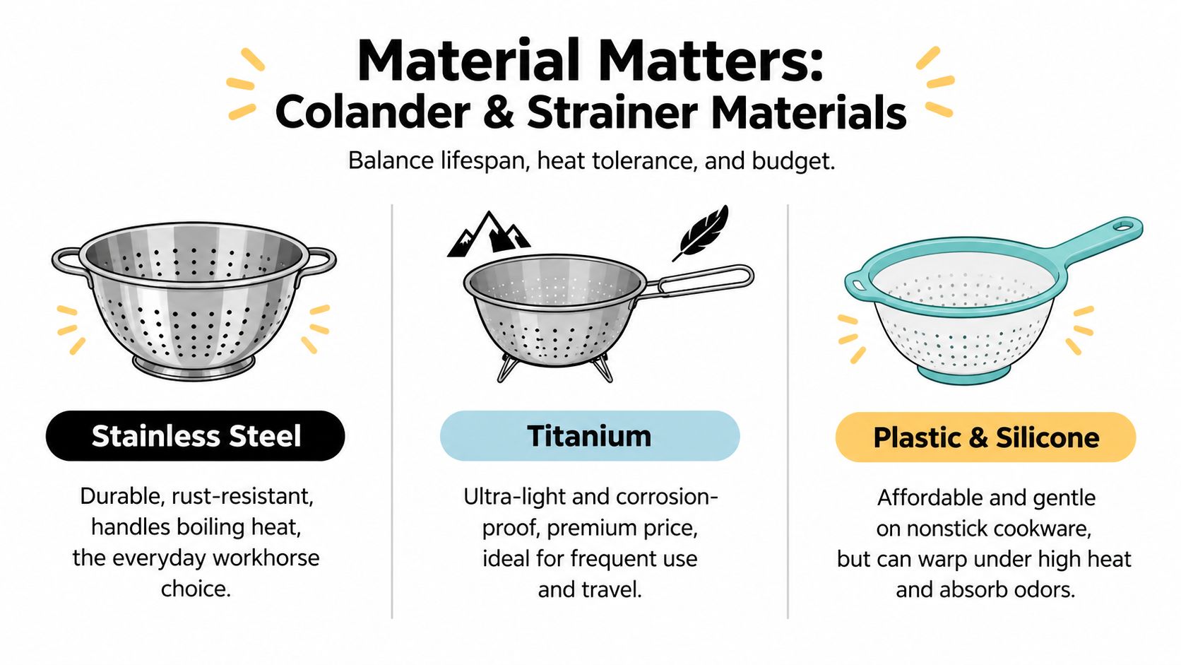 An infographic comparing different colander and strainer materials including stainless steel, titanium, and plastic or silicone options.