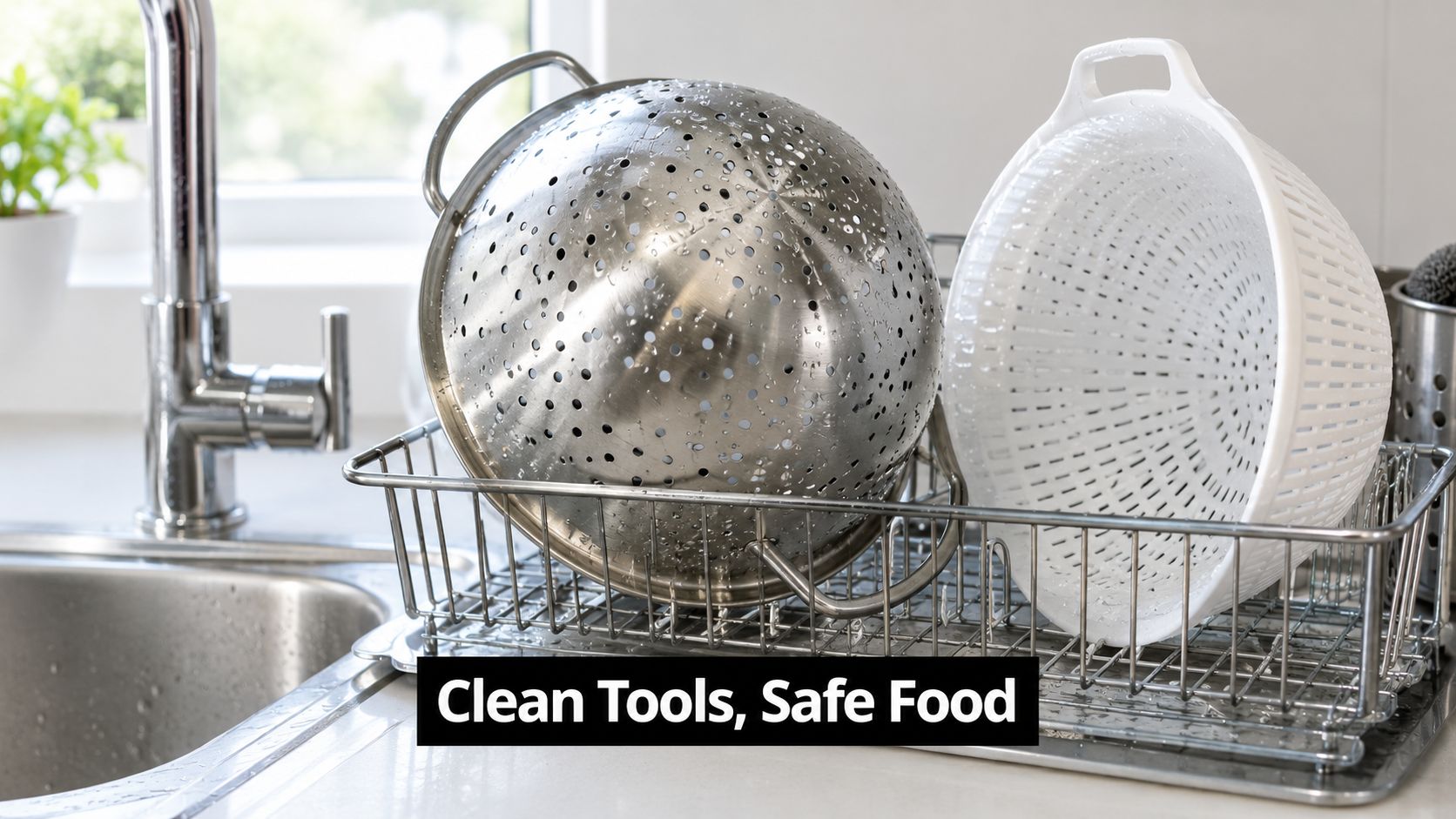 A stainless steel colander and a white plastic colander sit drying on a rack near a kitchen sink.