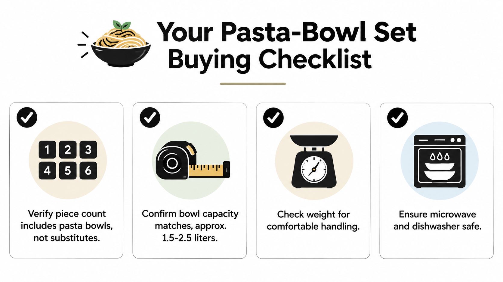 A checklist graphic providing four essential tips for purchasing the perfect pasta bowl set for your kitchen.