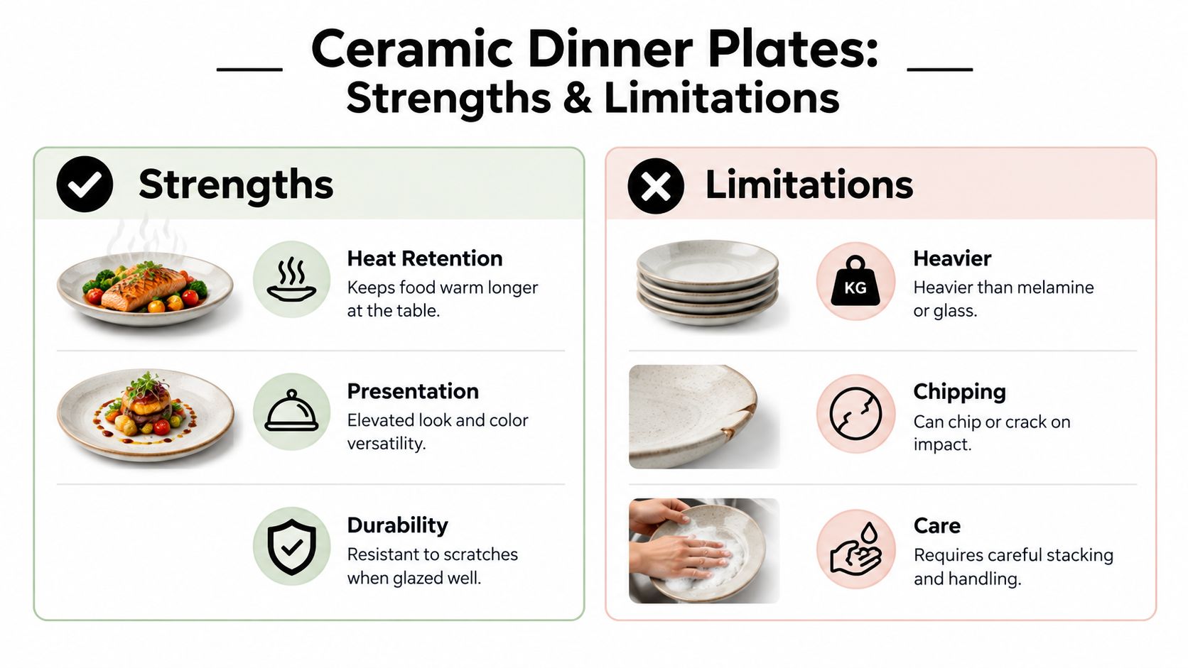 An infographic showing the pros and cons of using ceramic dinner plates for dining and home use.