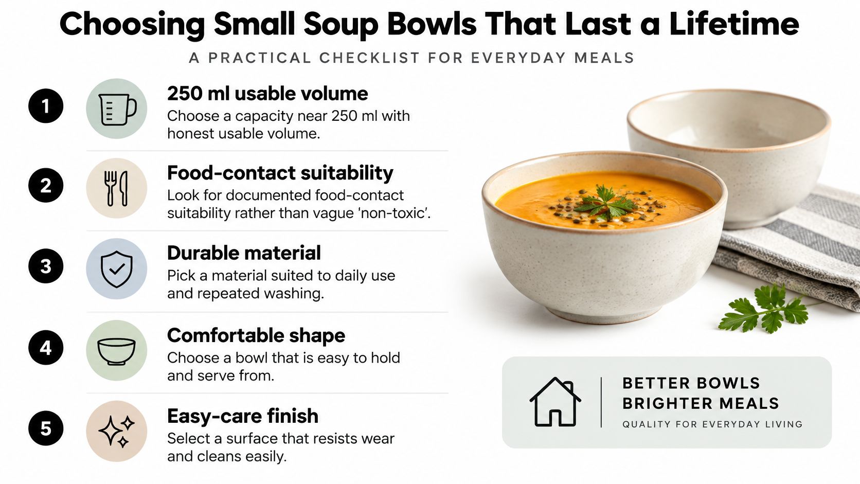 A checklist infographic titled Choosing Small Soup Bowls That Last a Lifetime, displaying five tips for selecting quality bowls.