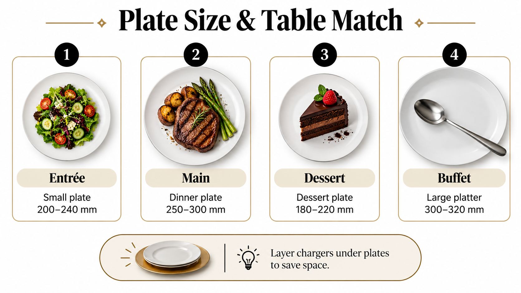 An infographic showing appropriate plate sizes for different food courses including entree, main, dessert, and buffet.