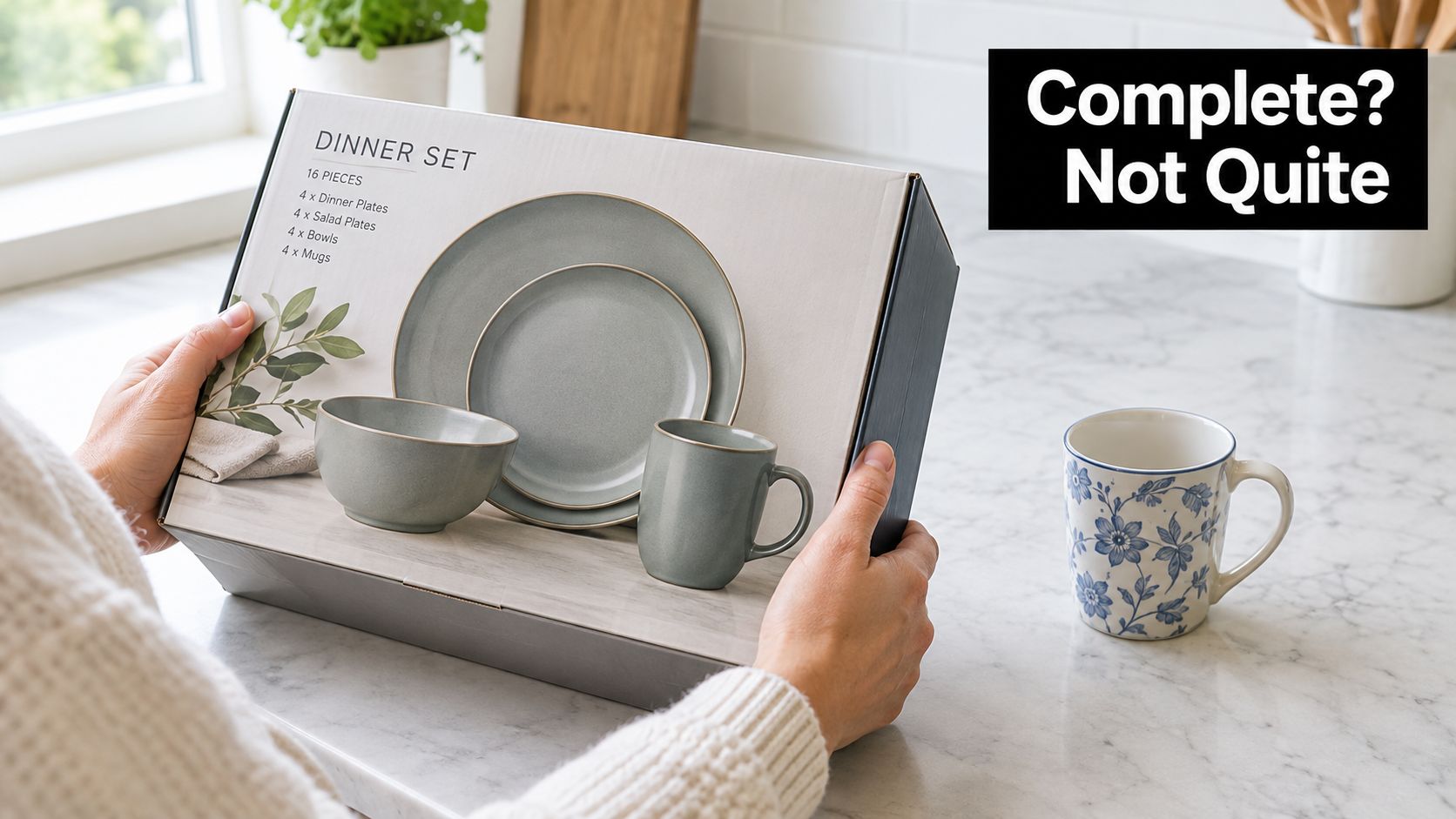 A person holding a boxed 16-piece ceramic dinnerware set with plates, bowls, and mugs on a kitchen counter.
