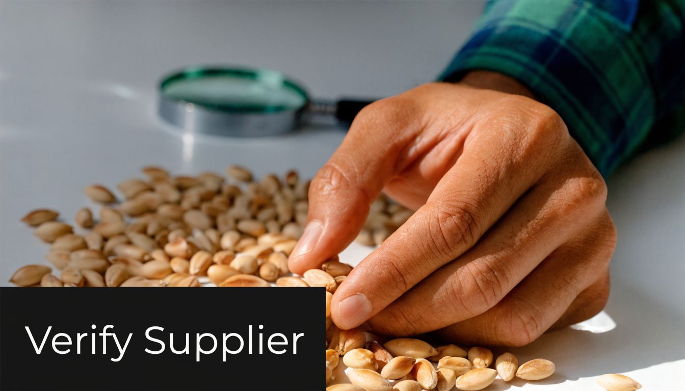 A person inspects a pile of apricot seeds on a table with a magnifying glass nearby.