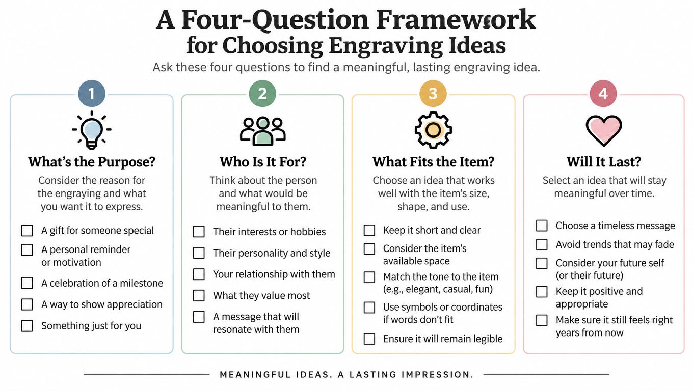 A four-question framework infographic for choosing meaningful and lasting engraving ideas for gifts and personal items.