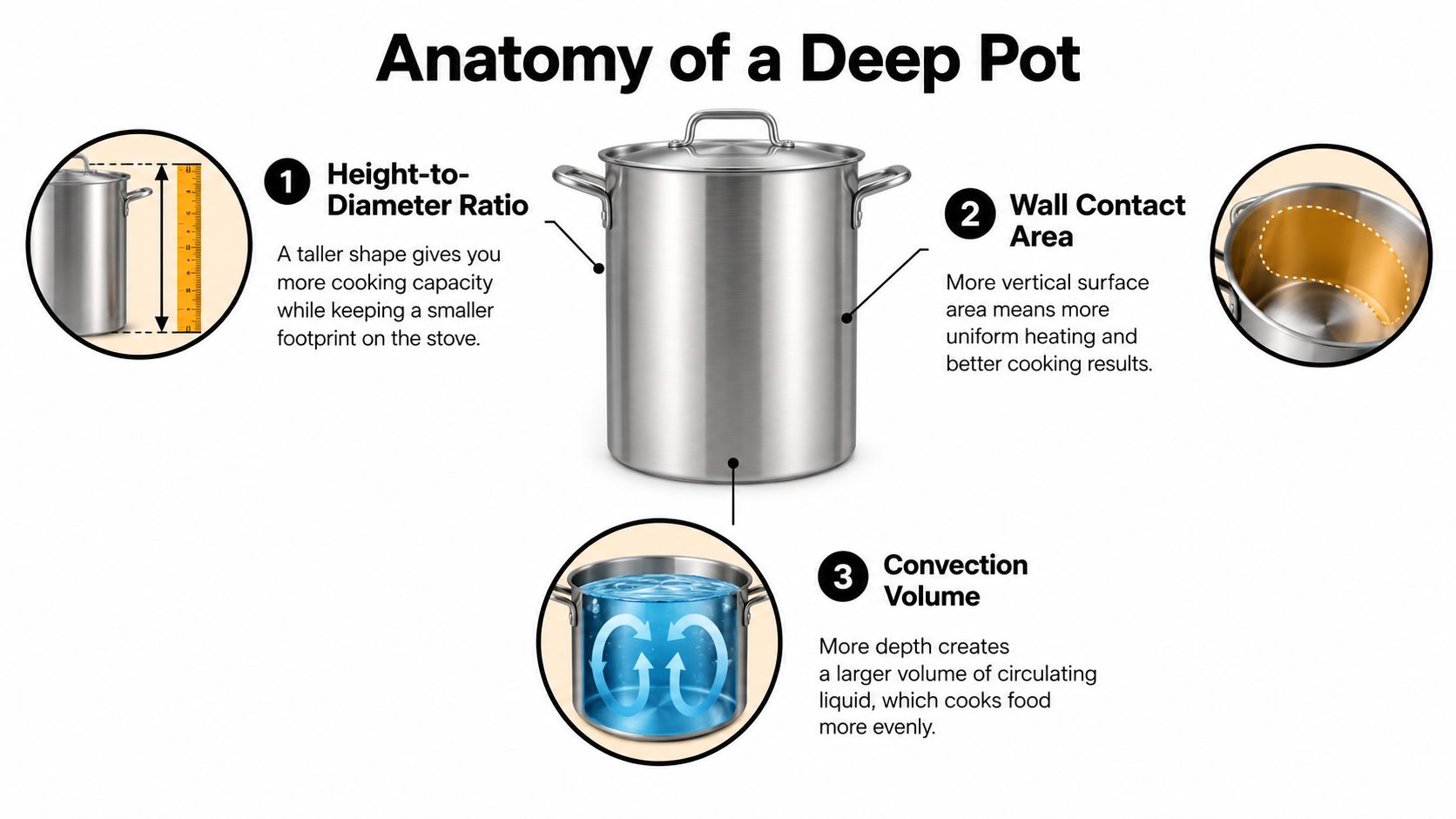 A diagram illustrating the anatomy of a deep cooking pot with numbered features including height-to-diameter ratio, wall contact area, and convection volume.