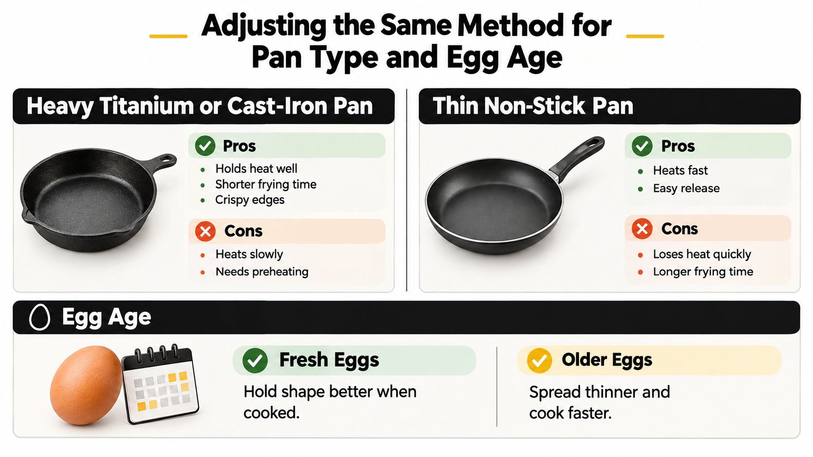 A comparison guide for frying eggs, highlighting differences between pan types and using fresh versus older eggs.