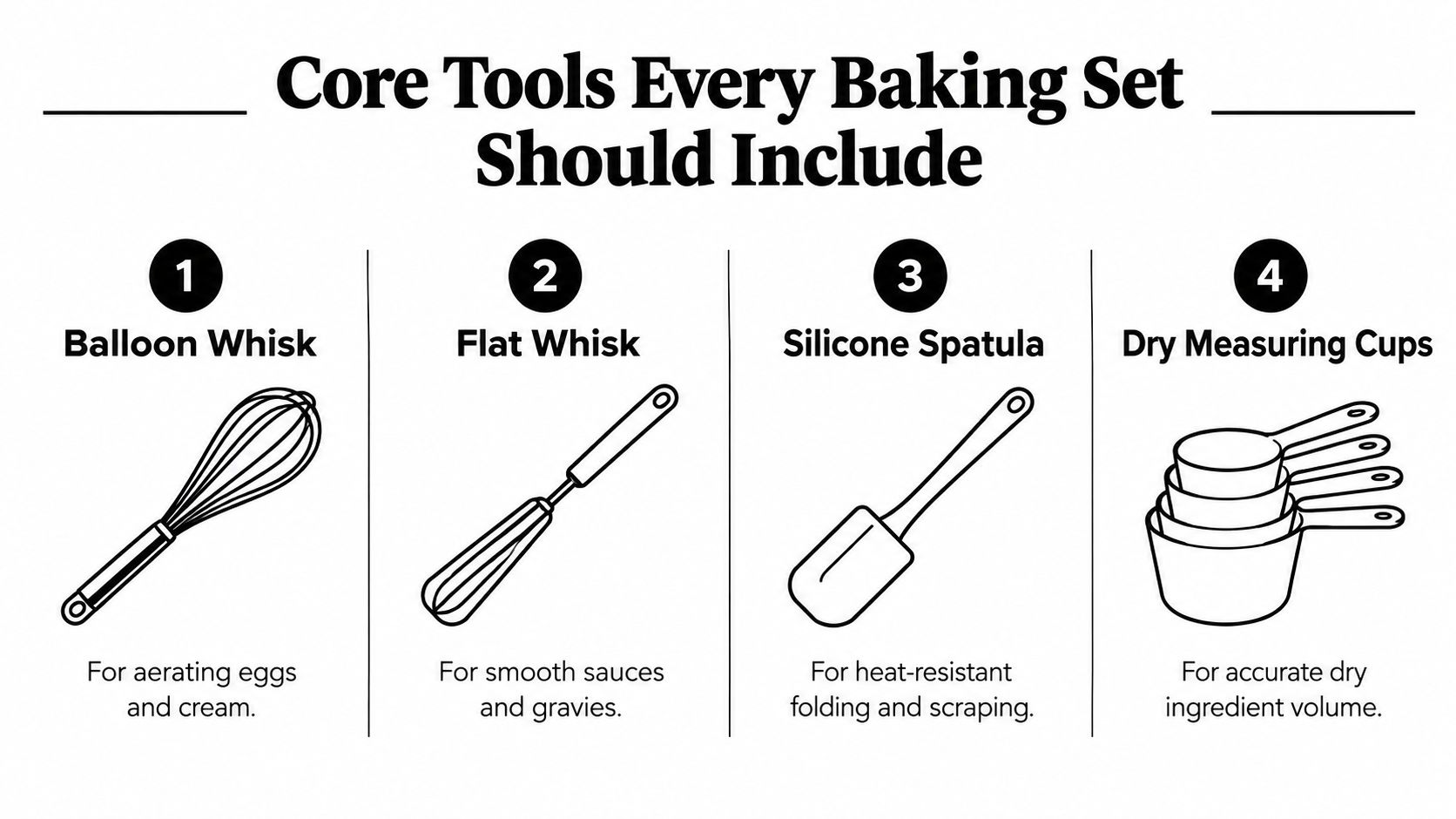 An educational infographic displaying four essential baking tools including a balloon whisk, flat whisk, spatula, and measuring cups.