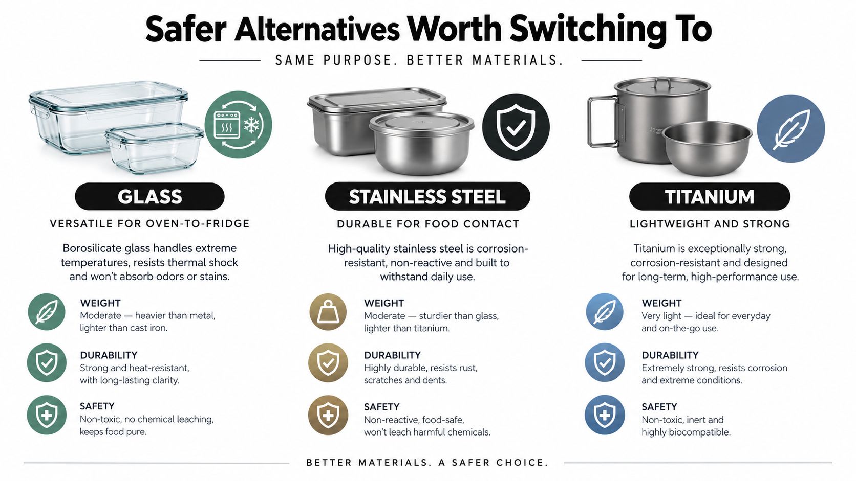 A comparison chart showing glass, stainless steel, and titanium as safe and durable alternatives for food containers.