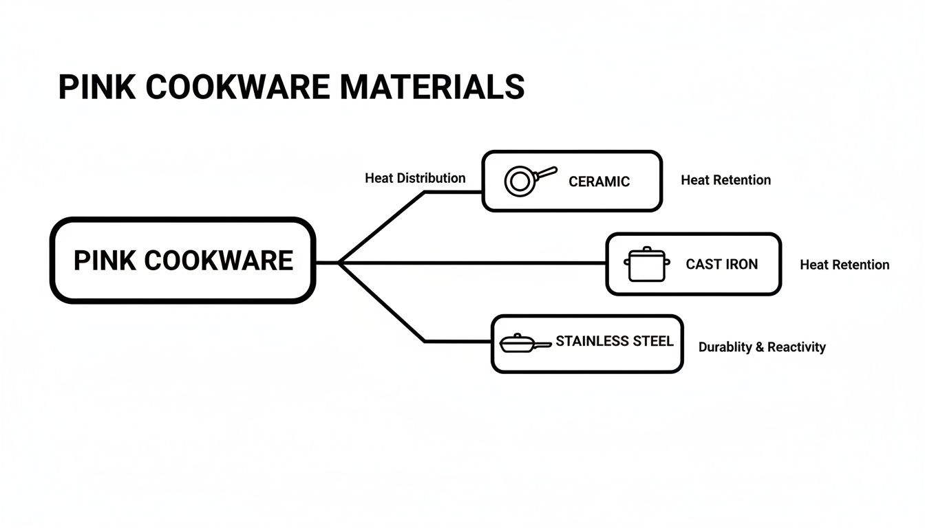 Diagram outlining pink cookware materials: ceramic, cast iron, and stainless steel properties.