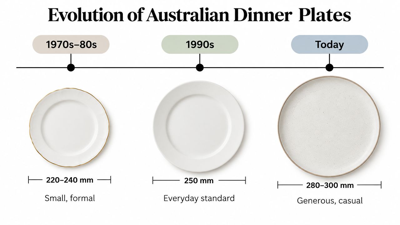 A timeline graphic showing the evolution of Australian dinner plate sizes from the 1970s until today.