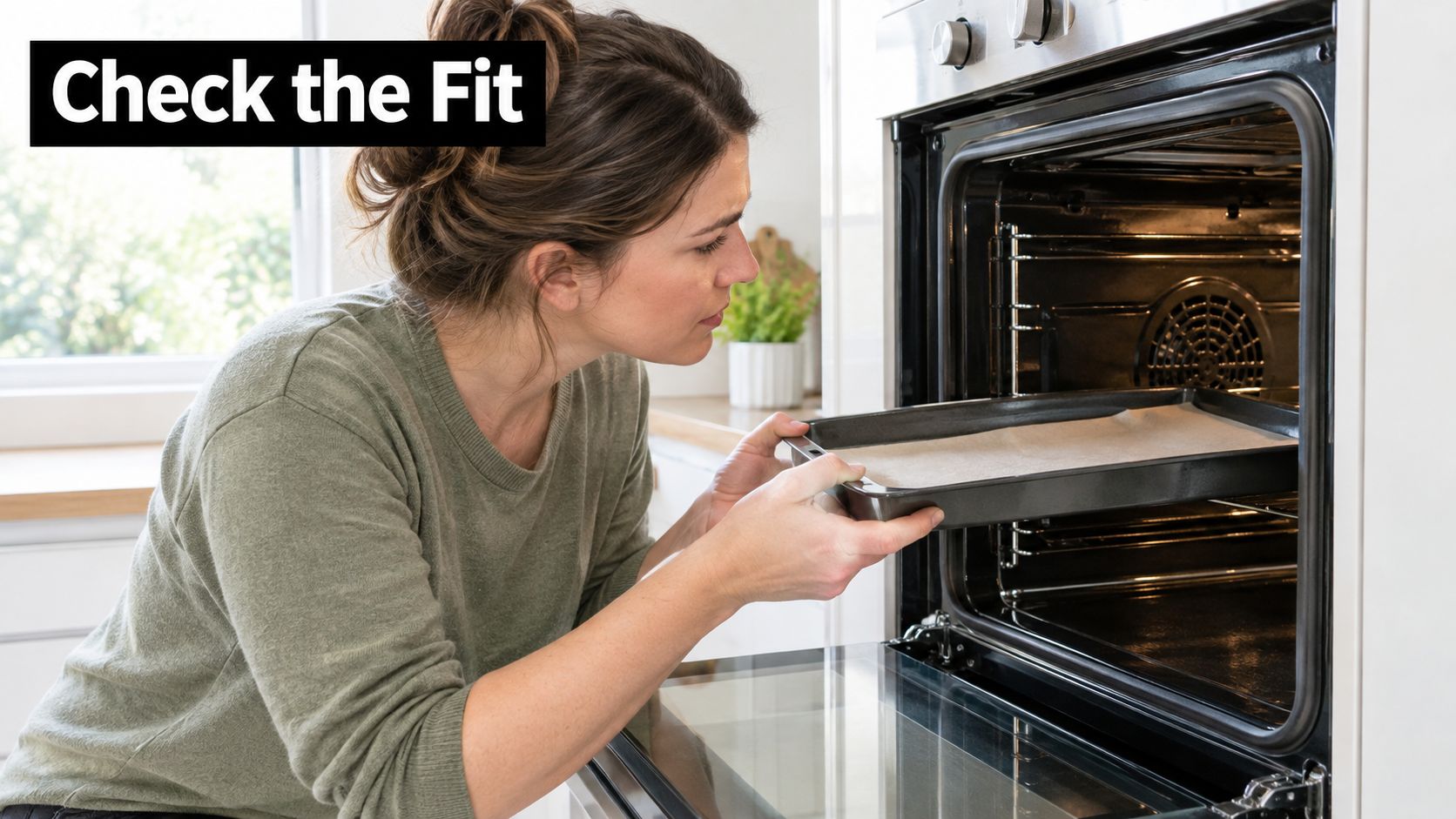 A woman checking if a baking tray fits into her small kitchen wall oven.