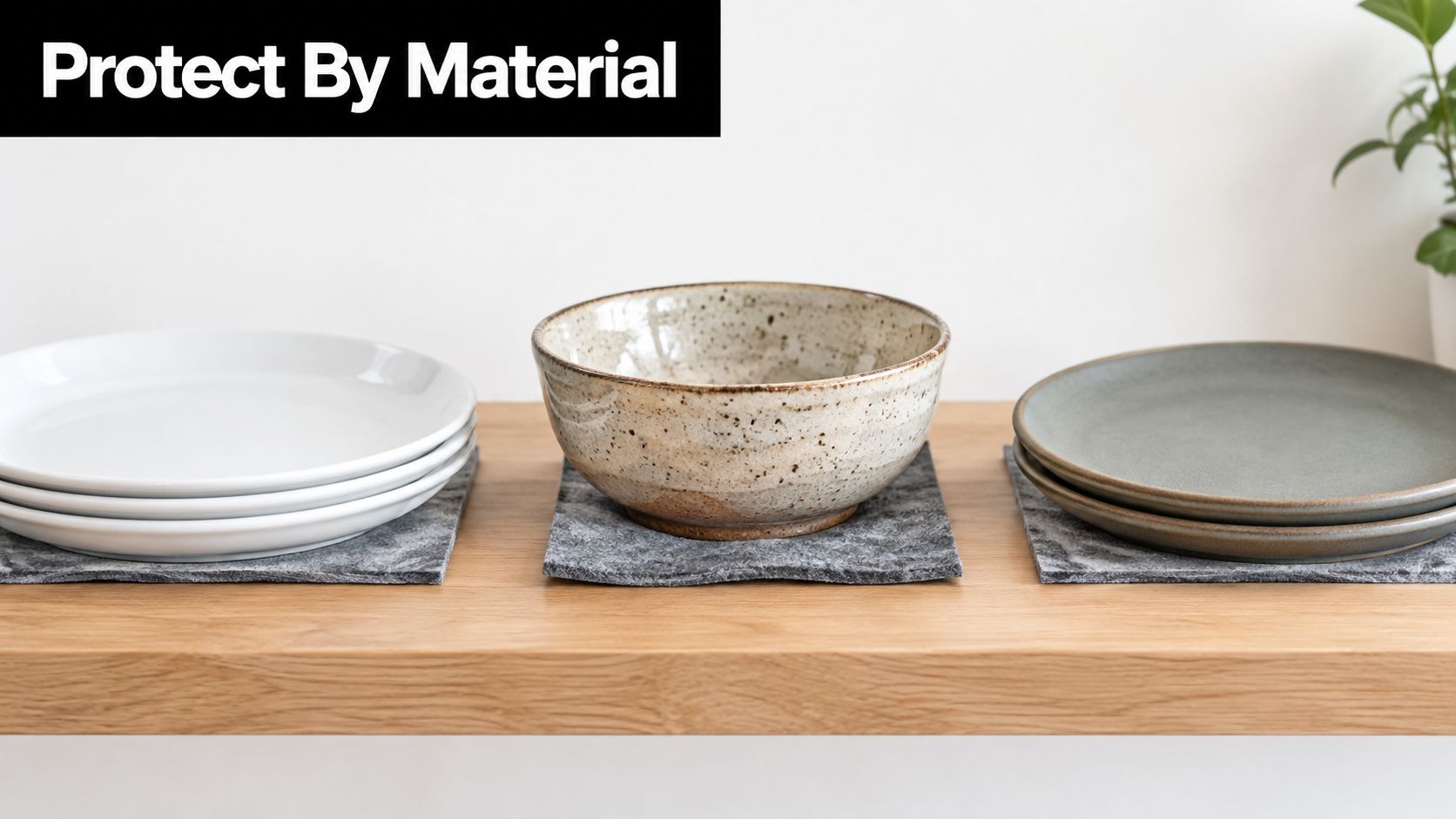 A wooden shelf holding three stacks of plates and bowls, separated by protective grey felt pads.
