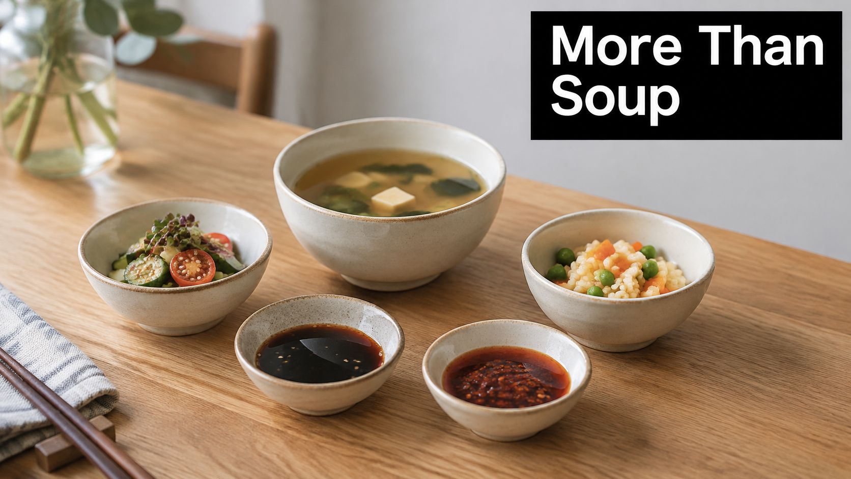 A wooden table set with small ceramic bowls containing soup, rice, salad, and various sauces for dinner.