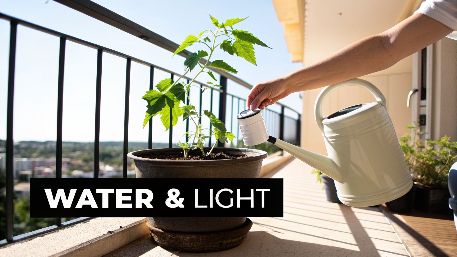 A person waters a potted plant with a watering can on a sunny balcony, with 'WATER & LIGHT' text.