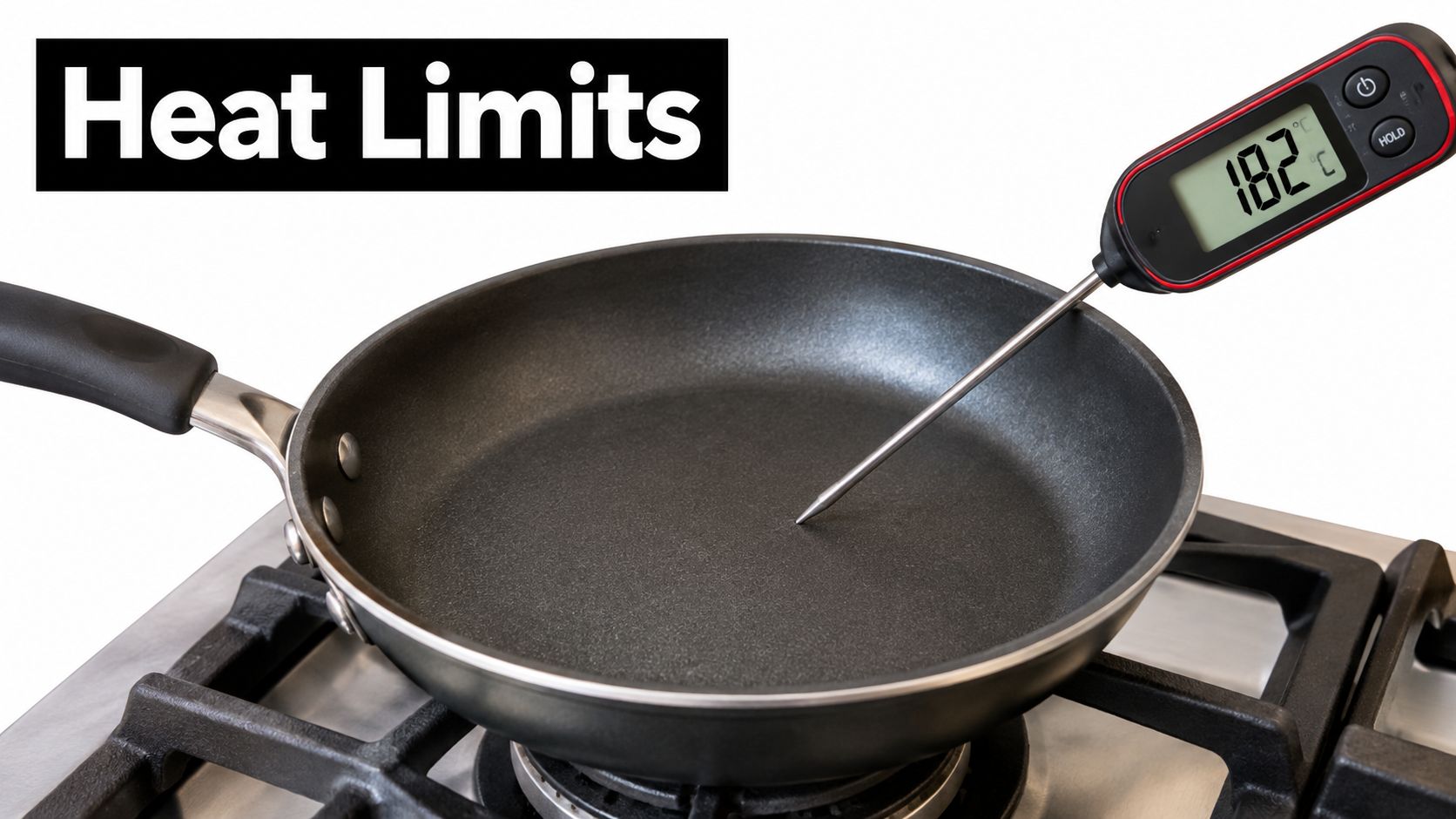 A digital thermometer measuring the surface temperature of a small black nonstick skillet on a stove.