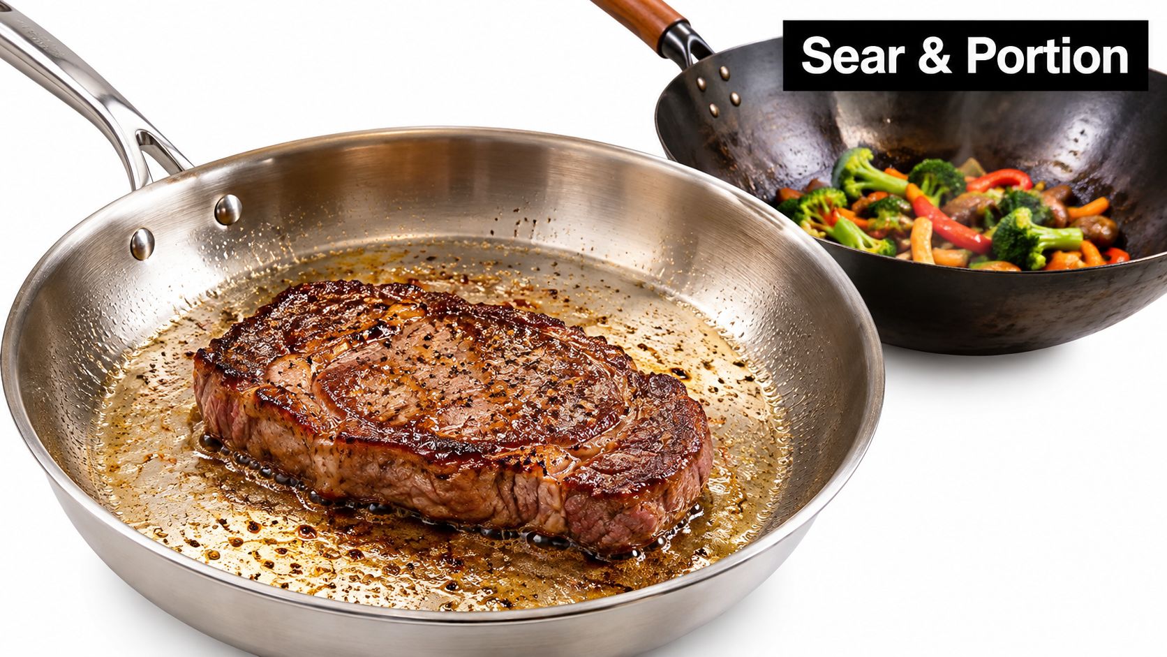 A stainless steel skillet searing a thick ribeye steak next to a wok filled with stir-fried vegetables.