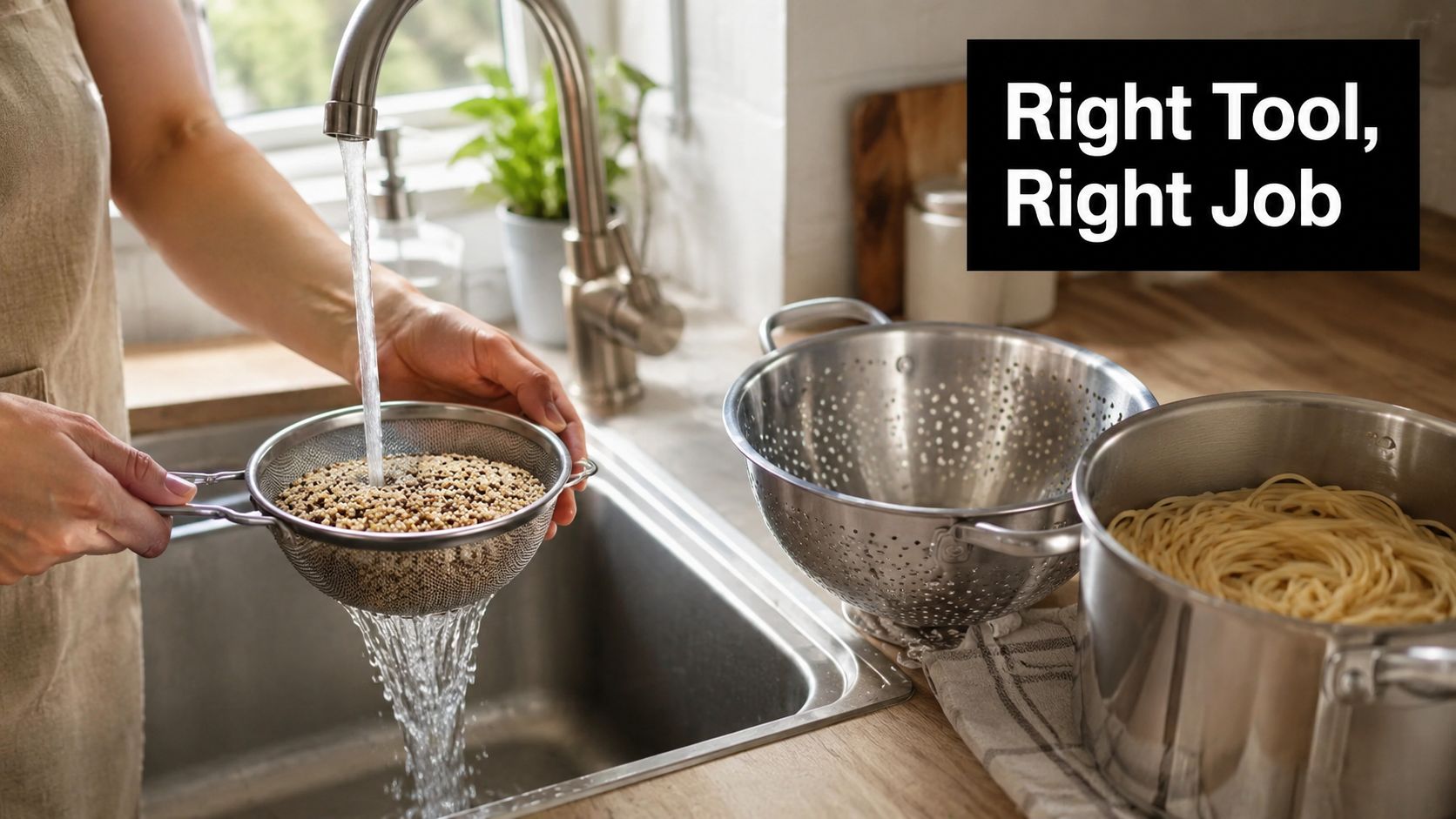 A person uses a fine mesh strainer to rinse grains under the kitchen faucet sink.