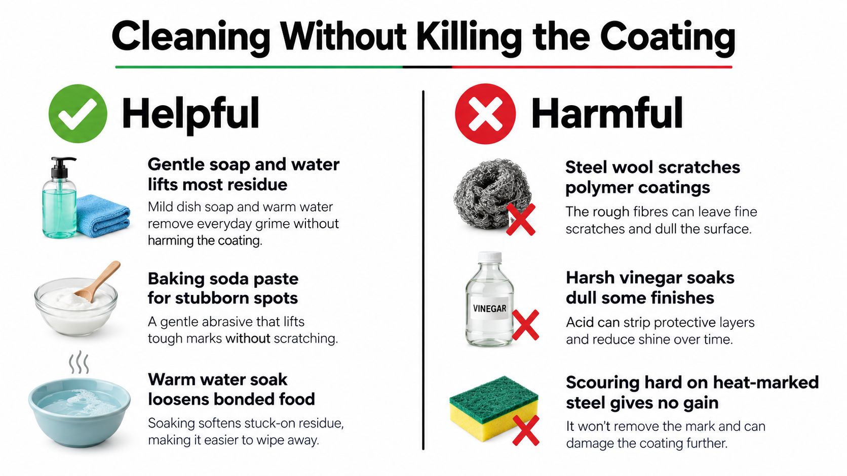 An infographic displaying helpful and harmful methods for cleaning cookware with protective polymer coatings.