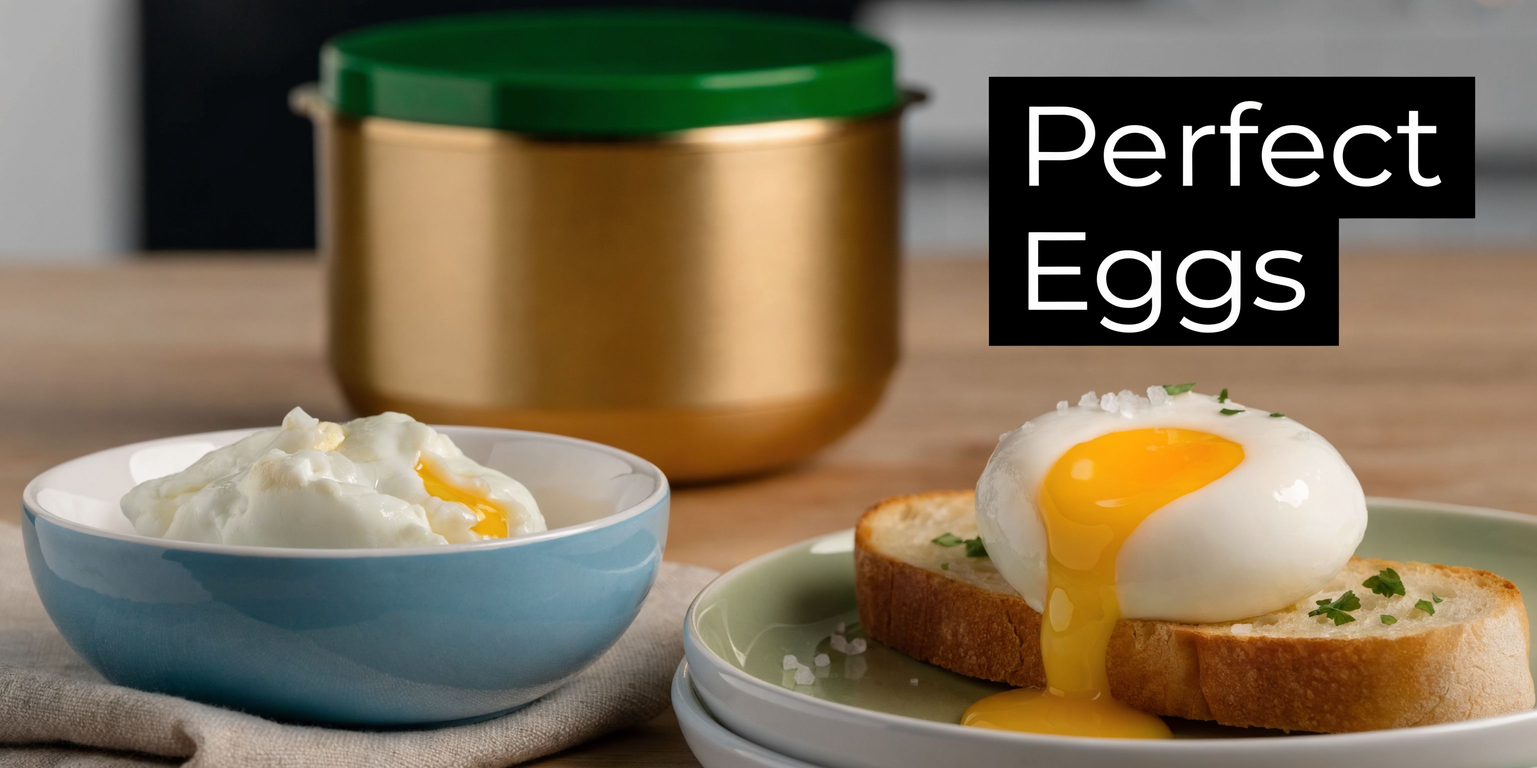 A perfectly cooked poached egg on toast next to a bowl with an egg and a poacher.