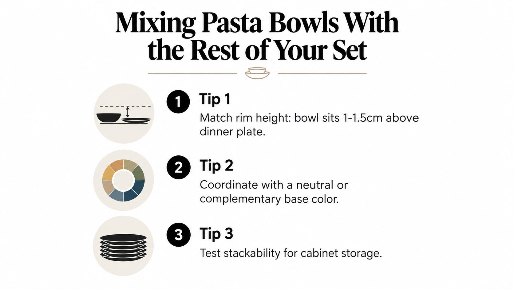 An infographic titled Mixing Pasta Bowls With the Rest of Your Set showing three tips for matching dinnerware.