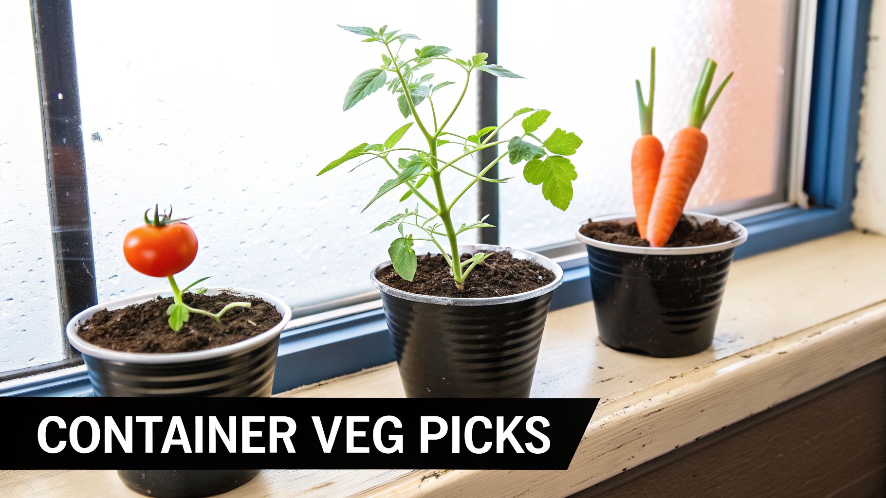 Three different vegetables, a tomato, leafy plant, and carrots, growing in pots on a windowsill.