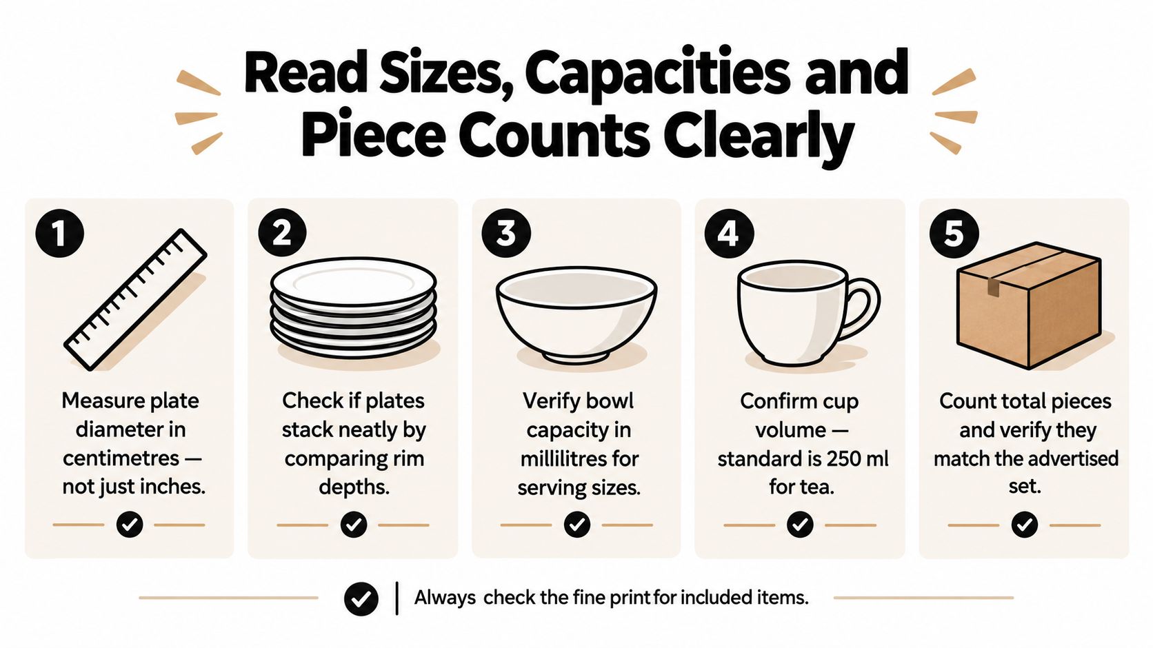 A checklist of five tips for choosing the right dinnerware set with cups and plates.