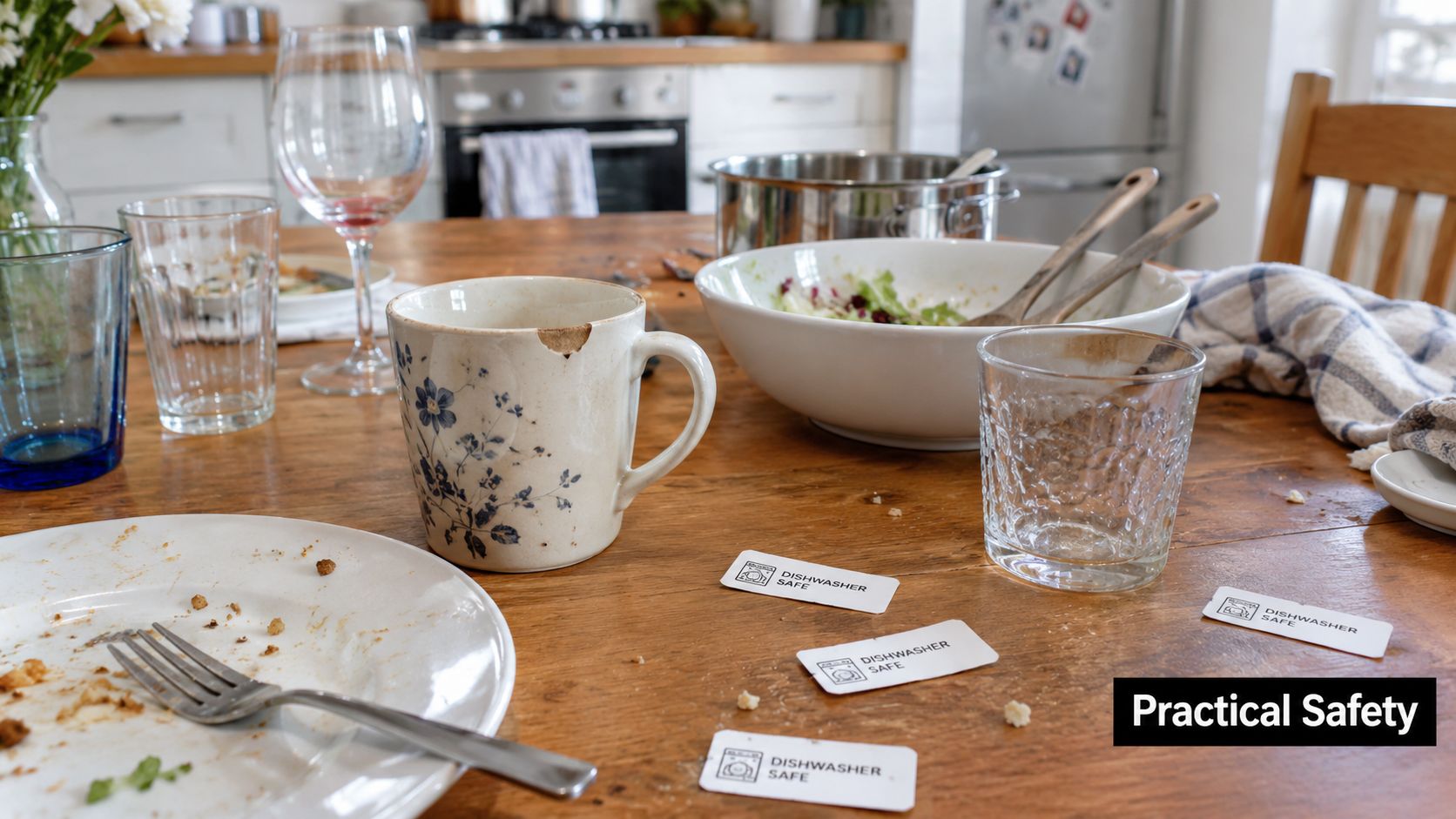 A wooden kitchen table with a partially eaten meal, dishes, glassware, and several dishwasher-safe labels scattered around.