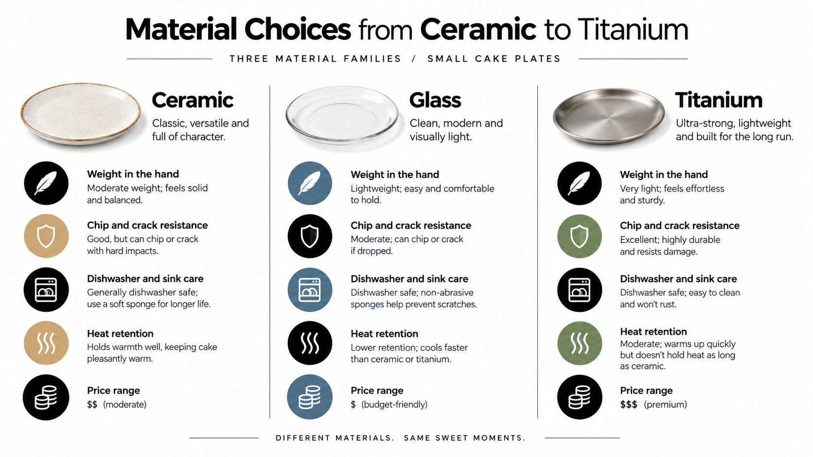 A comparison chart showing features like weight, durability, and price for ceramic, glass, and titanium cake plates.