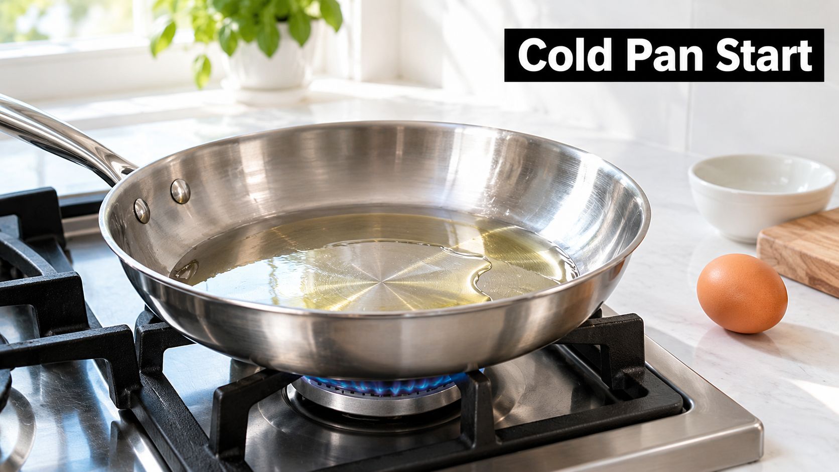 A stainless steel frying pan with oil sits on a lit stovetop burner for a cold pan start.